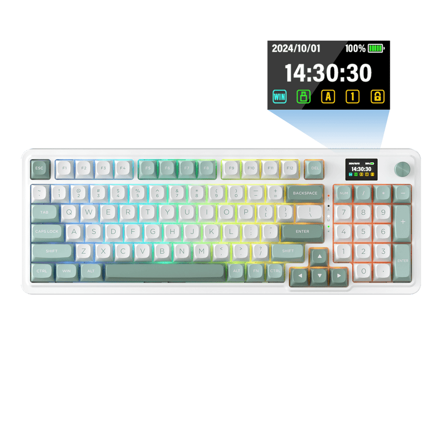Redragon EU K719 Wireless Gasket Gaming Keyboard w/Hype Screen & Knob, 95 Keys Mechanical Keyboard, Easy-Control 1.14’’ TFT Info Display, 5-Layer Noise Dampening, Custom Linear Switch, Jade Cloud Color