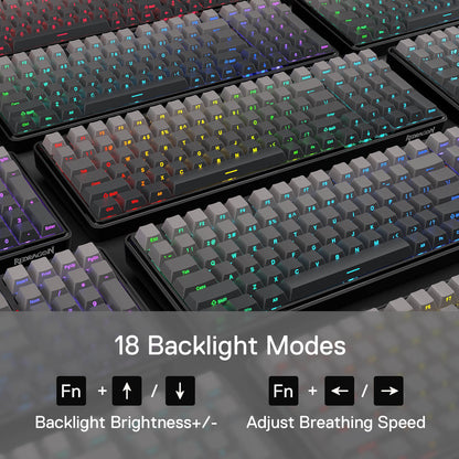 This graphic highlights a keyboard’s 18 backlight modes, with multiple RGB-lit keyboards shown alongside controls (Fn + arrow keys) for adjusting brightness and breathing speed.