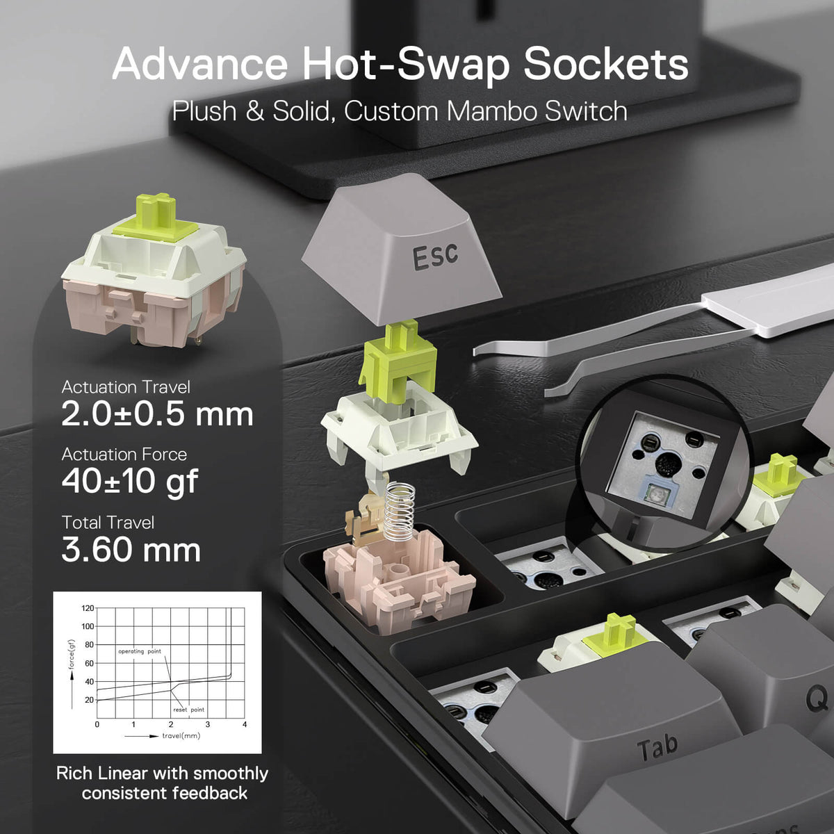 This graphic details the keyboard’s advanced hot-swap sockets: it shows the custom Mambo switch (with actuation specs) and a close-up of the socket, plus a force-travel diagram.