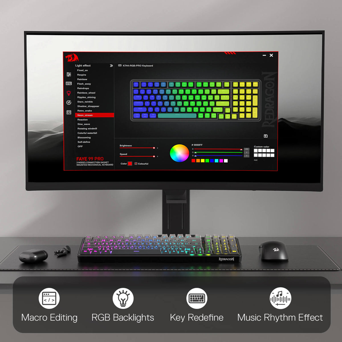 A gaming setup (keyboard, mouse, monitor) is paired with software that enables macro editing, RGB customization, key redefinition, and music rhythm effects for the K744 PRO keyboard.