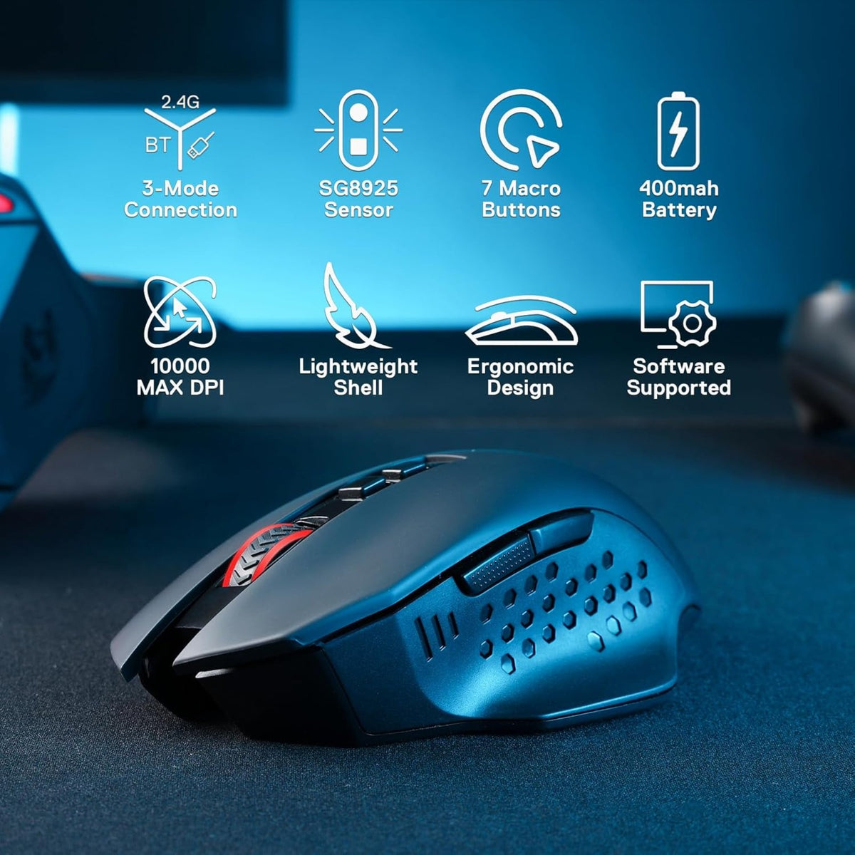 Gaming-Maus mit Funktionssymbolen auf blauem Hintergrund