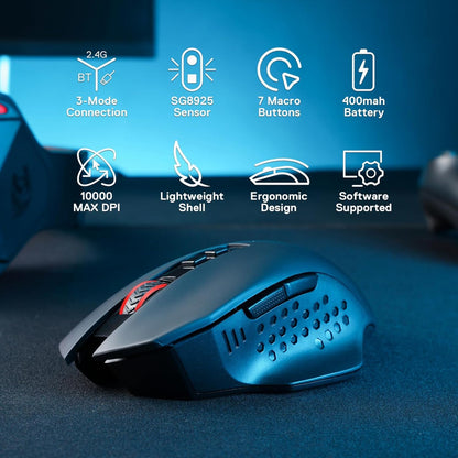 Gaming-Maus mit Funktionssymbolen auf blauem Hintergrund