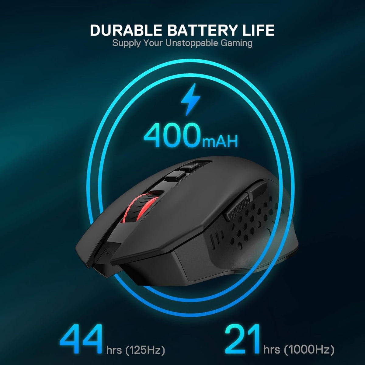 Gaming-Maus mit 400-mAh-Akku und Anzeige auf dunklem Hintergrund