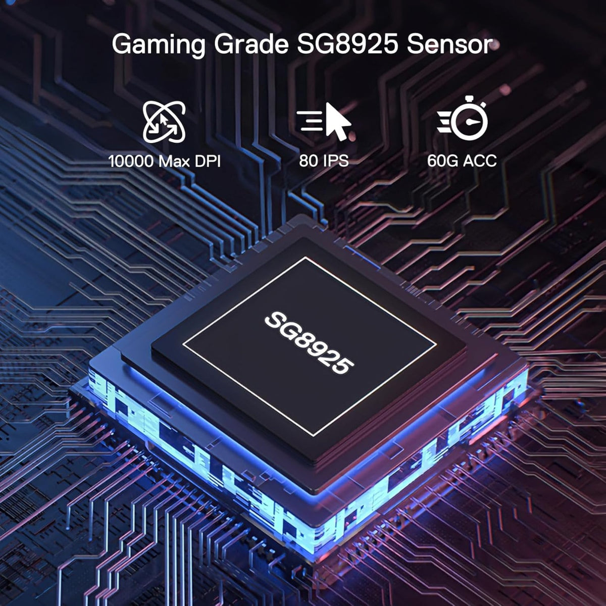 Gaming-Grade-Sensor SG8925 auf einer Leiterplatte mit angezeigten Spezifikationen.
