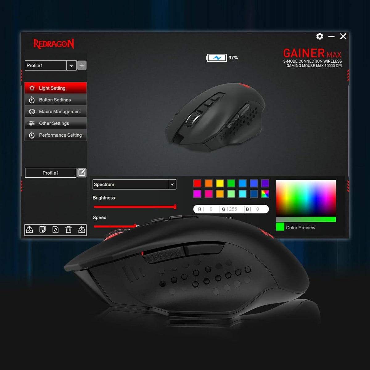 Gaming-Maus mit Anpassungssoftware-Schnittstelle auf dunklem Hintergrund
