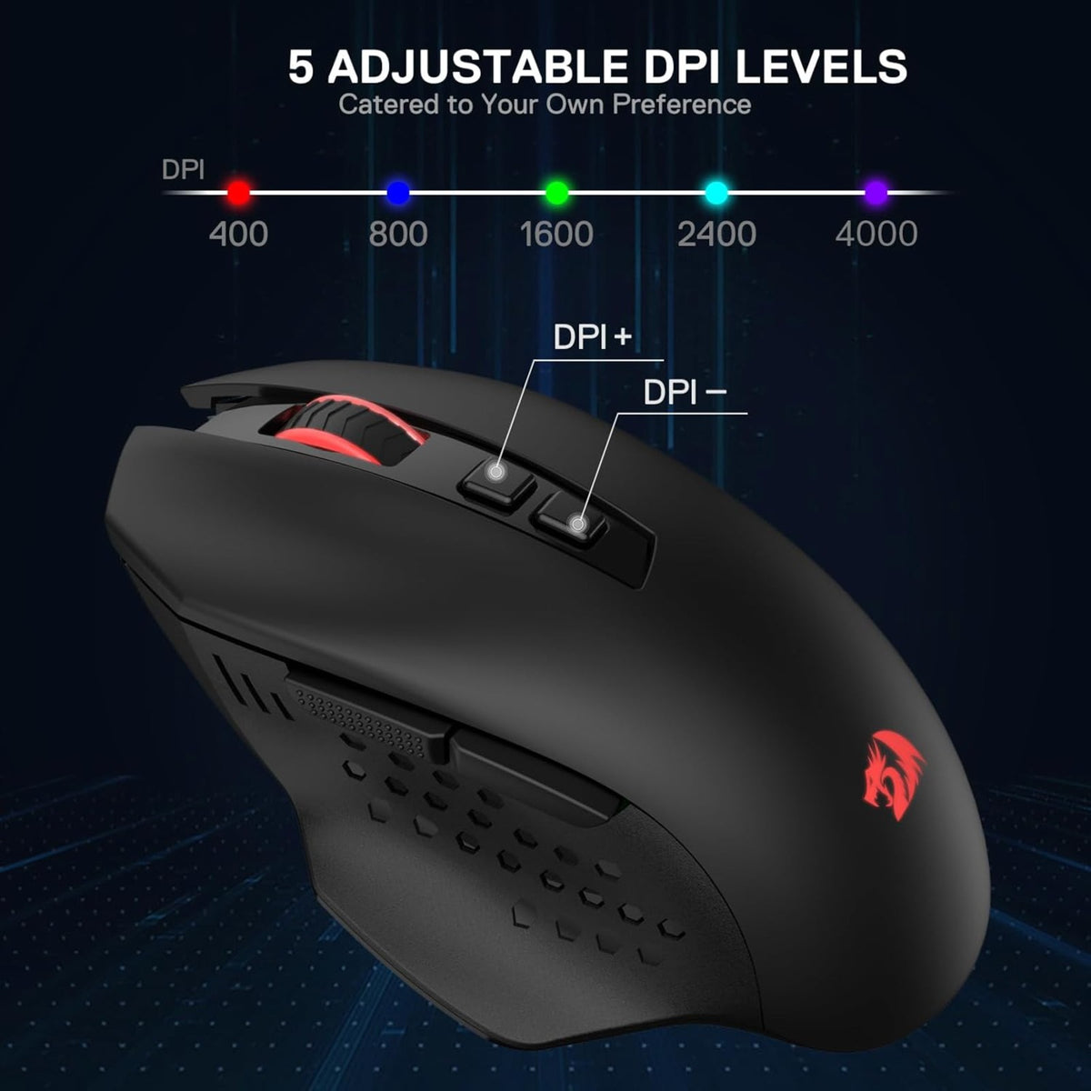 Schwarze Gaming-Maus mit DPI-Einstellknöpfen auf dunklem Hintergrund
