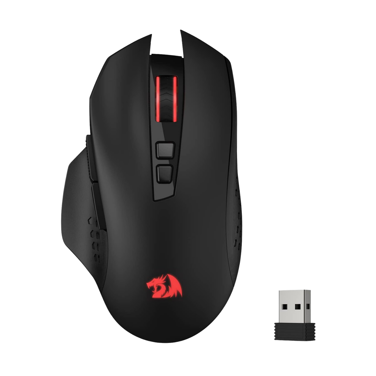 Schwarze Gaming-Maus mit roten Akzenten und einem USB-Empfänger auf weißem Hintergrund