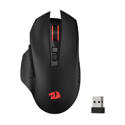 Schwarze Gaming-Maus mit roten Akzenten und einem USB-Empfänger auf weißem Hintergrund