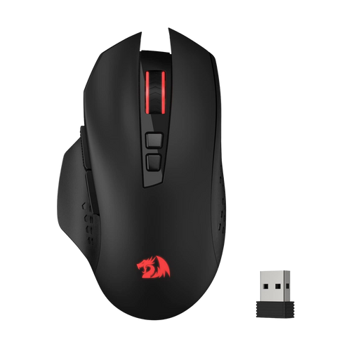 Schwarze Gaming-Maus mit roten Akzenten und einem USB-Empfänger auf weißem Hintergrund