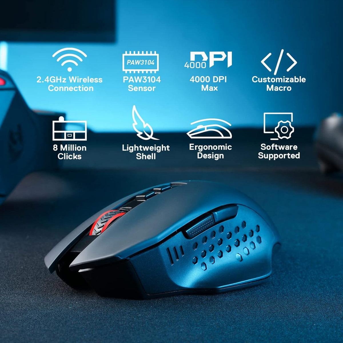 Blaue Gaming-Maus mit Funktionen, die auf blauem Hintergrund aufgeführt sind