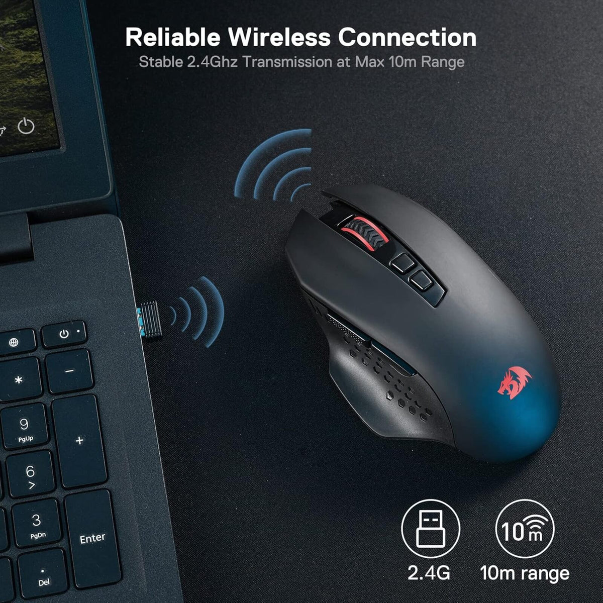 Drahtlose Maus, die an einen Laptop angeschlossen ist, mit Text über zuverlässige drahtlose Verbindung und Übertragungsreichweite.