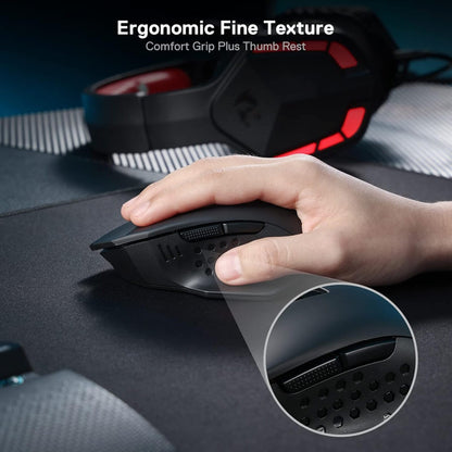 Ergonomische Maus mit komfortablem Griff und Daumenauflage auf dem Schreibtisch