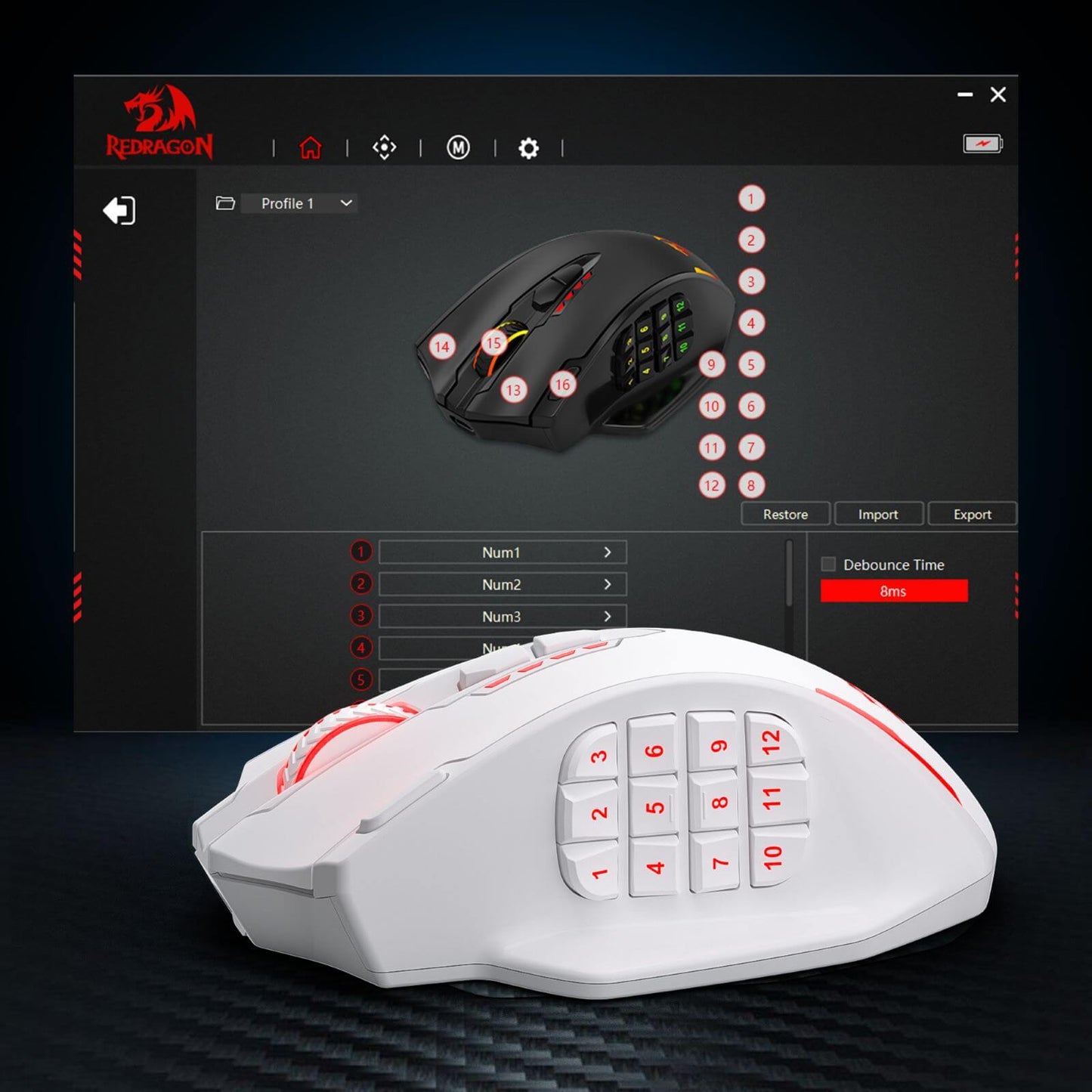 Redragon M908 Impact RGB LED MMO Mouse with side buttons, wired optical gaming mouse with 12,400 DPI, high precision, 20 programmable buttons, white, Redragon EU