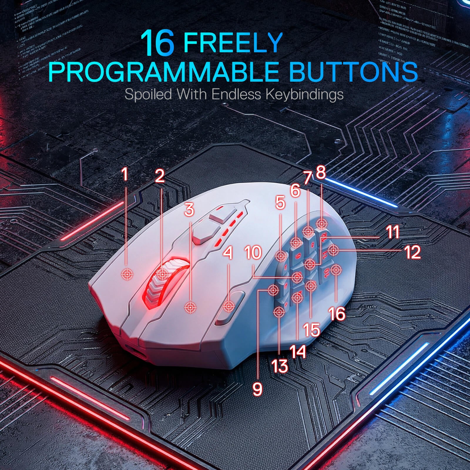Redragon M908 Impact RGB LED MMO Mouse with side buttons, wired optical gaming mouse with 12,400 DPI, high precision, 20 programmable buttons, white, Redragon EU