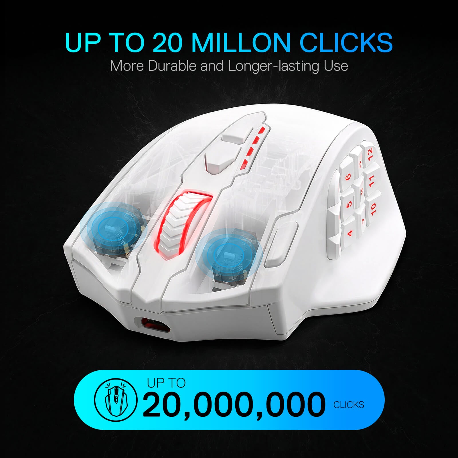 Redragon M908 Impact RGB LED MMO Mouse with side buttons, wired optical gaming mouse with 12,400 DPI, high precision, 20 programmable buttons, white, Redragon EU