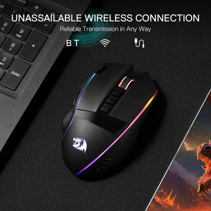 Gaming EU, A gaming mouse with RGB lighting on a dark surface, next to a keyboard and an illustration of a dragon.