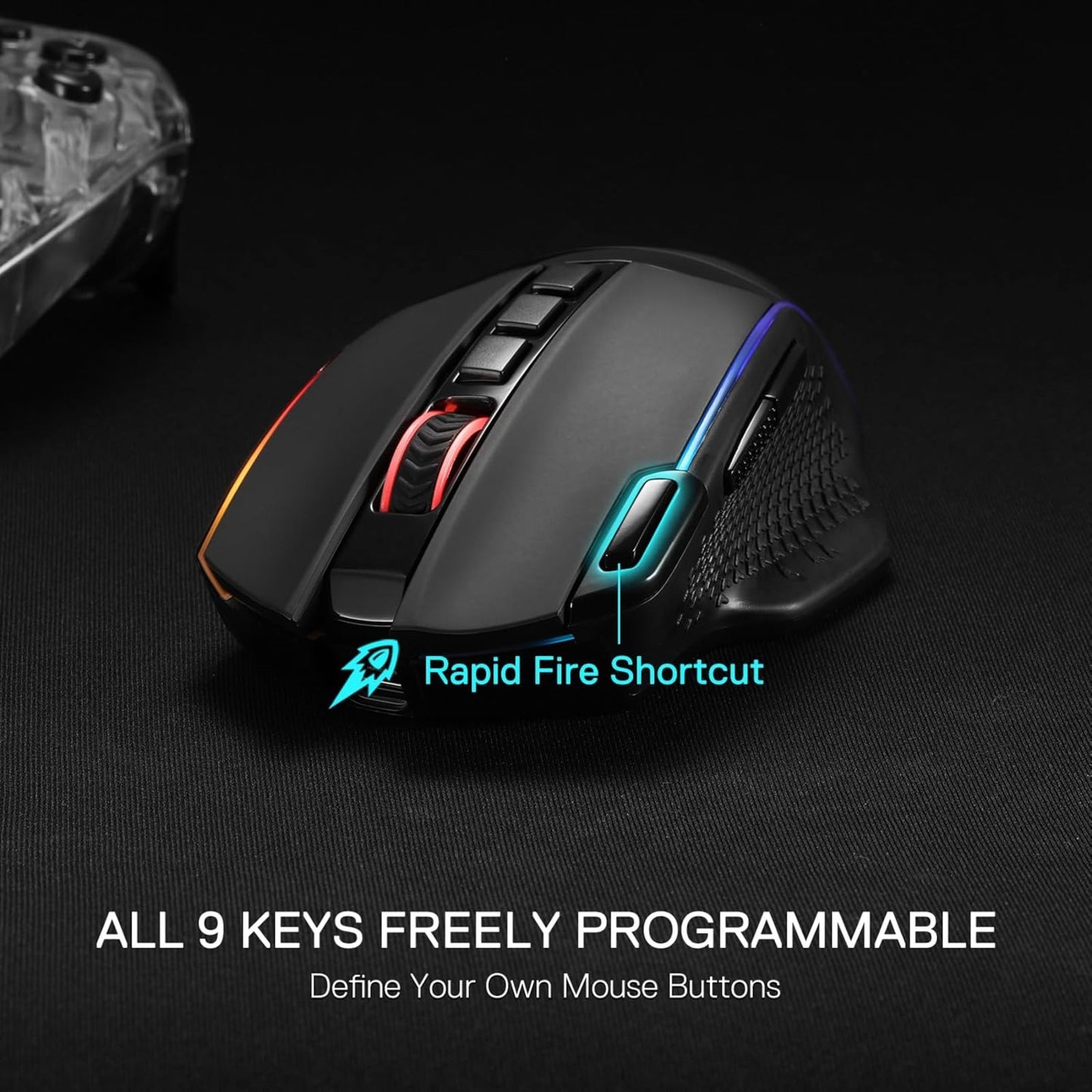 Redragon EU Black gaming mouse with programmable buttons on a dark background