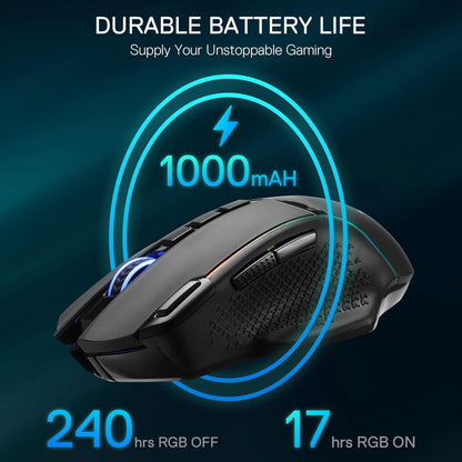 Redragon EU, Gaming-Maus mit langlebiger Akkulaufzeit auf dunklem Hintergrund