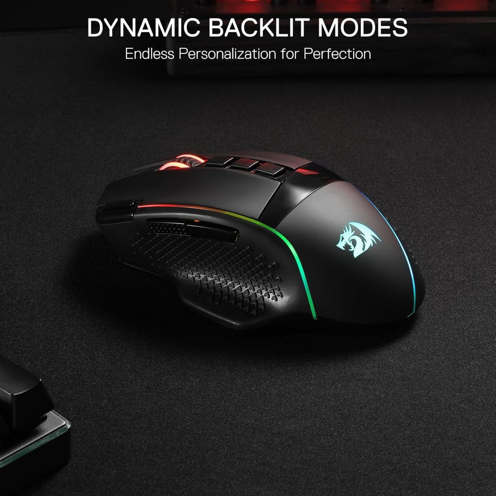 Redragon EU, Gaming mouse with dynamic backlighting modes on a dark background