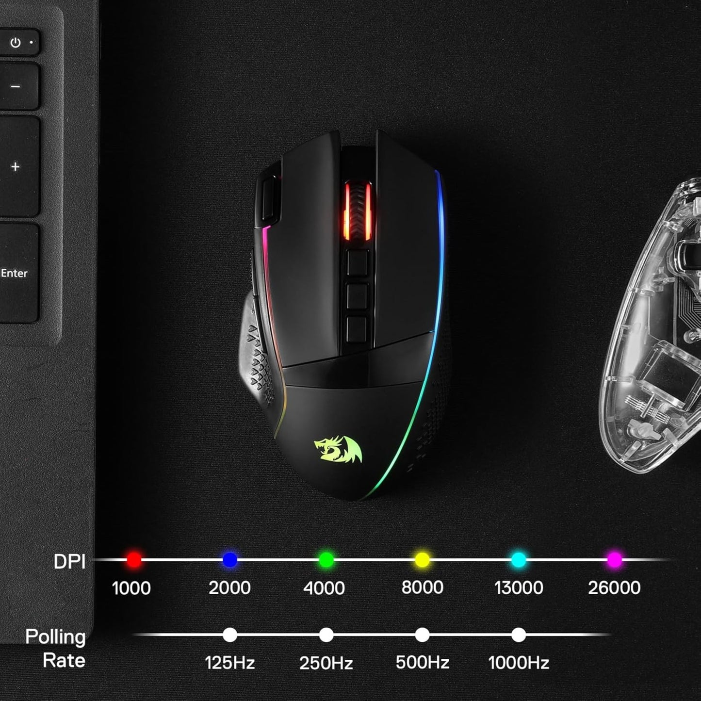 Redragon EU, Gaming mouse with DPI and polling rate indicators on a dark background