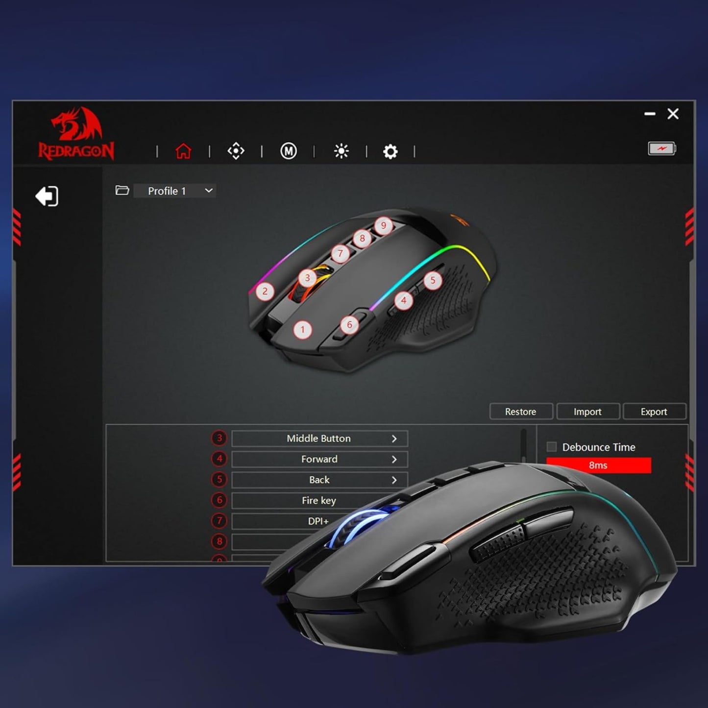 Redragon EU, Gaming mouse with customisation software on a dark background