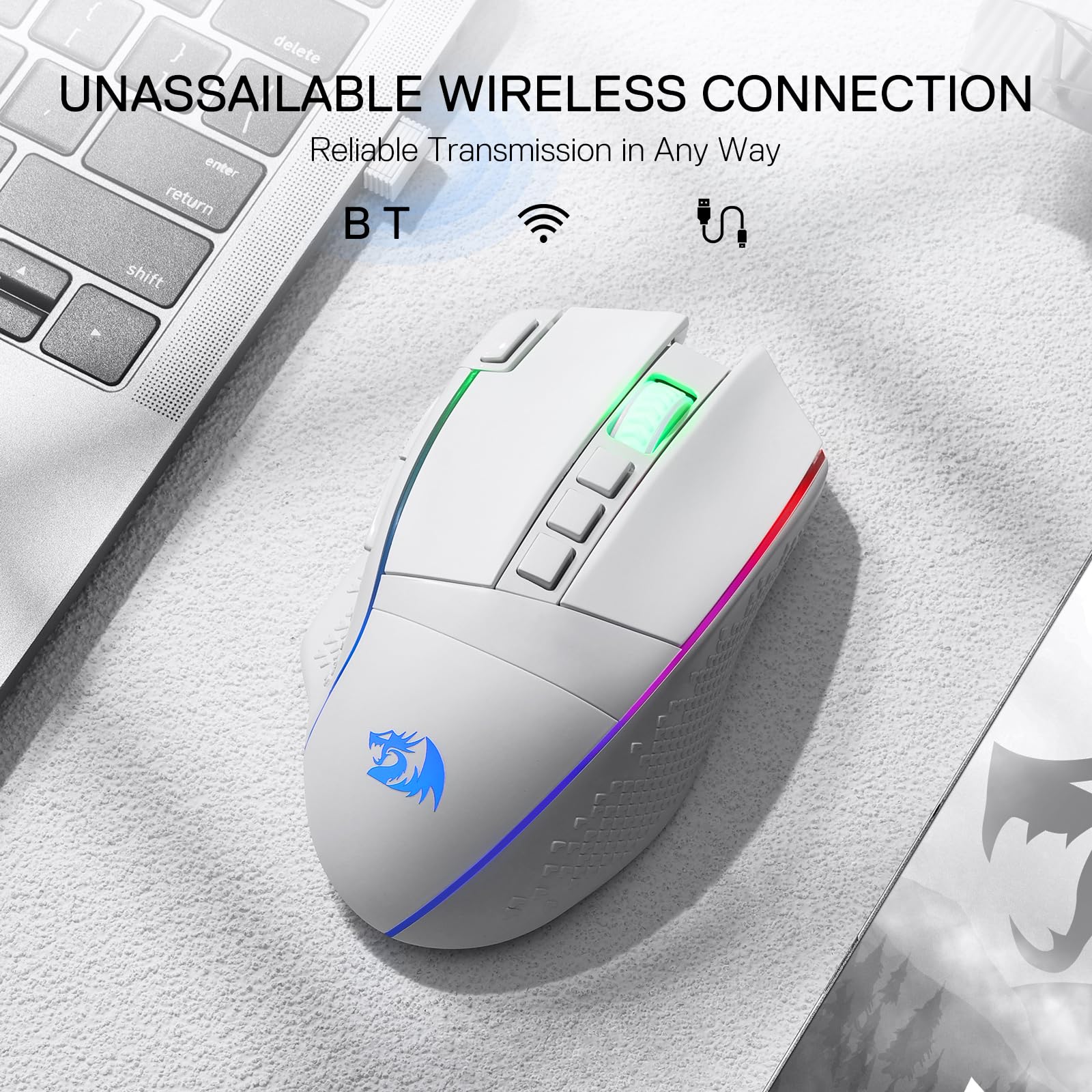 Redragon EU, A wireless mouse with RGB lighting on a desk next to a laptop, with text about the reliability of the wireless connection.