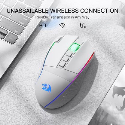 Redragon EU, A wireless mouse with RGB lighting on a desk next to a laptop, with text about the reliability of the wireless connection.