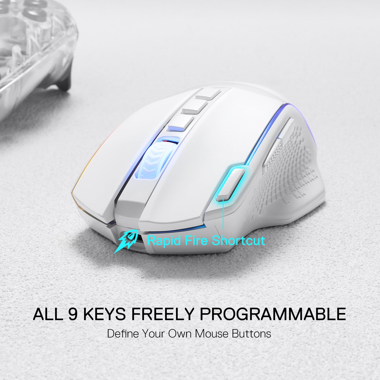 Redragon EU, White gaming mouse with blue accents on a light grey background 