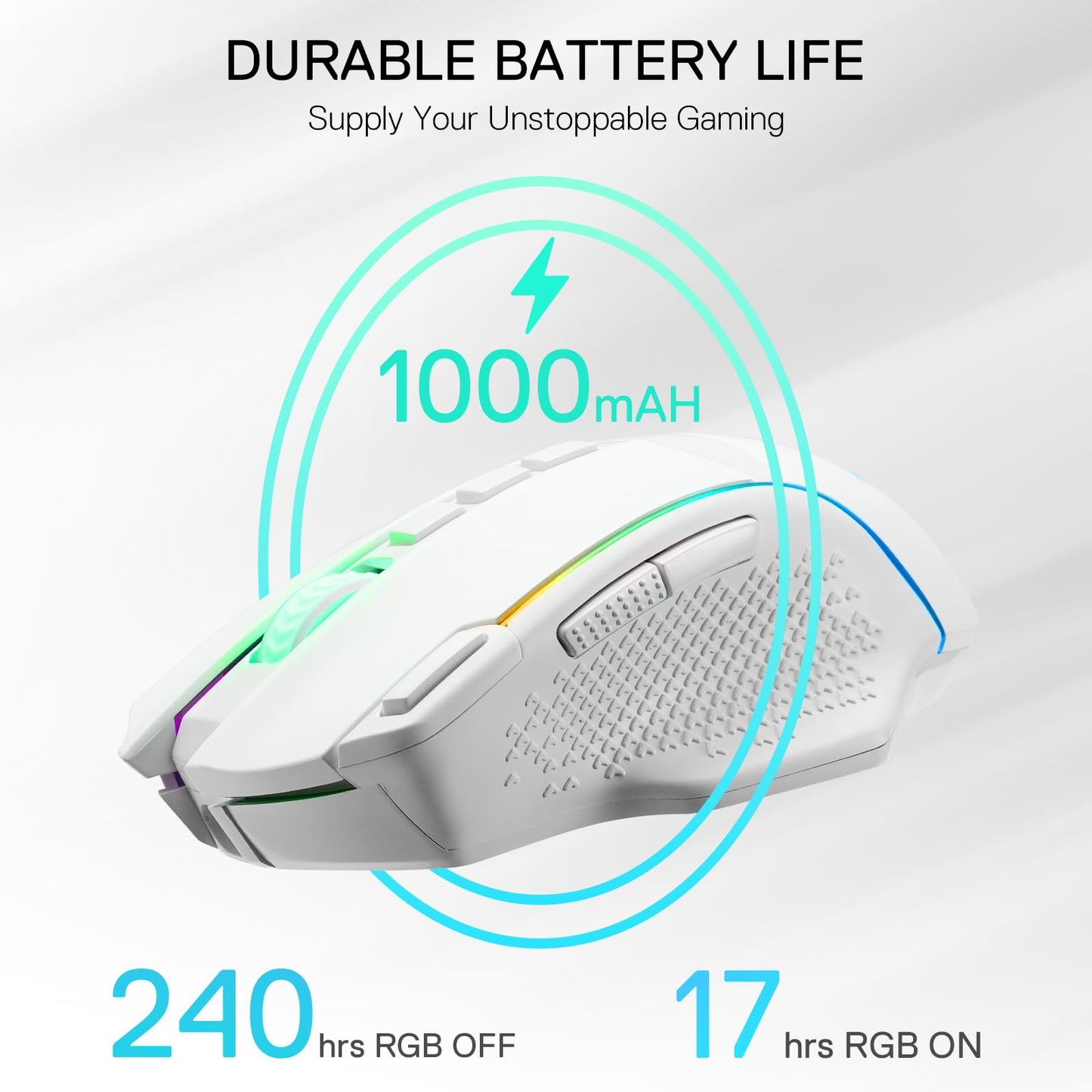 Redragon EU, Gaming mouse with a 1000 mAh battery life and RGB lighting on a white background