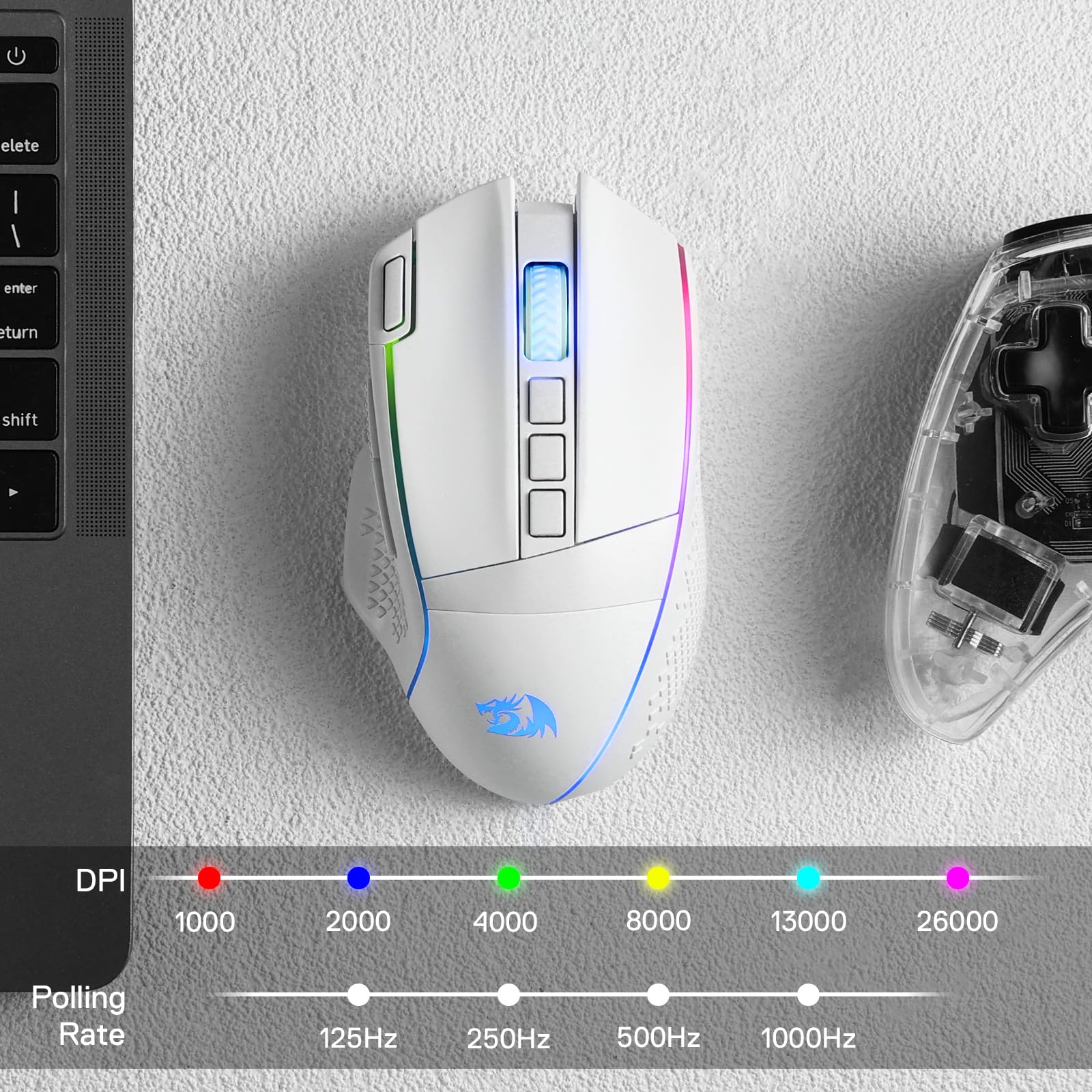 Redragon EU, Gaming mouse with DPI and polling rate indicators on a textured surface