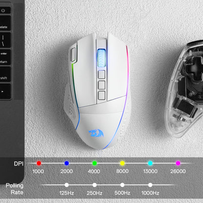 Redragon EU, Gaming mouse with DPI and polling rate indicators on a textured surface