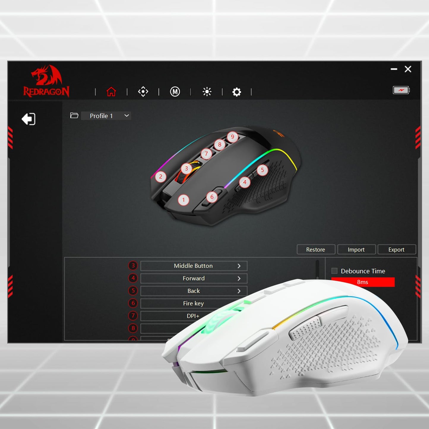 Redragon EU, A gaming mouse with customisable RGB lighting via a software interface, from the Redragon brand.