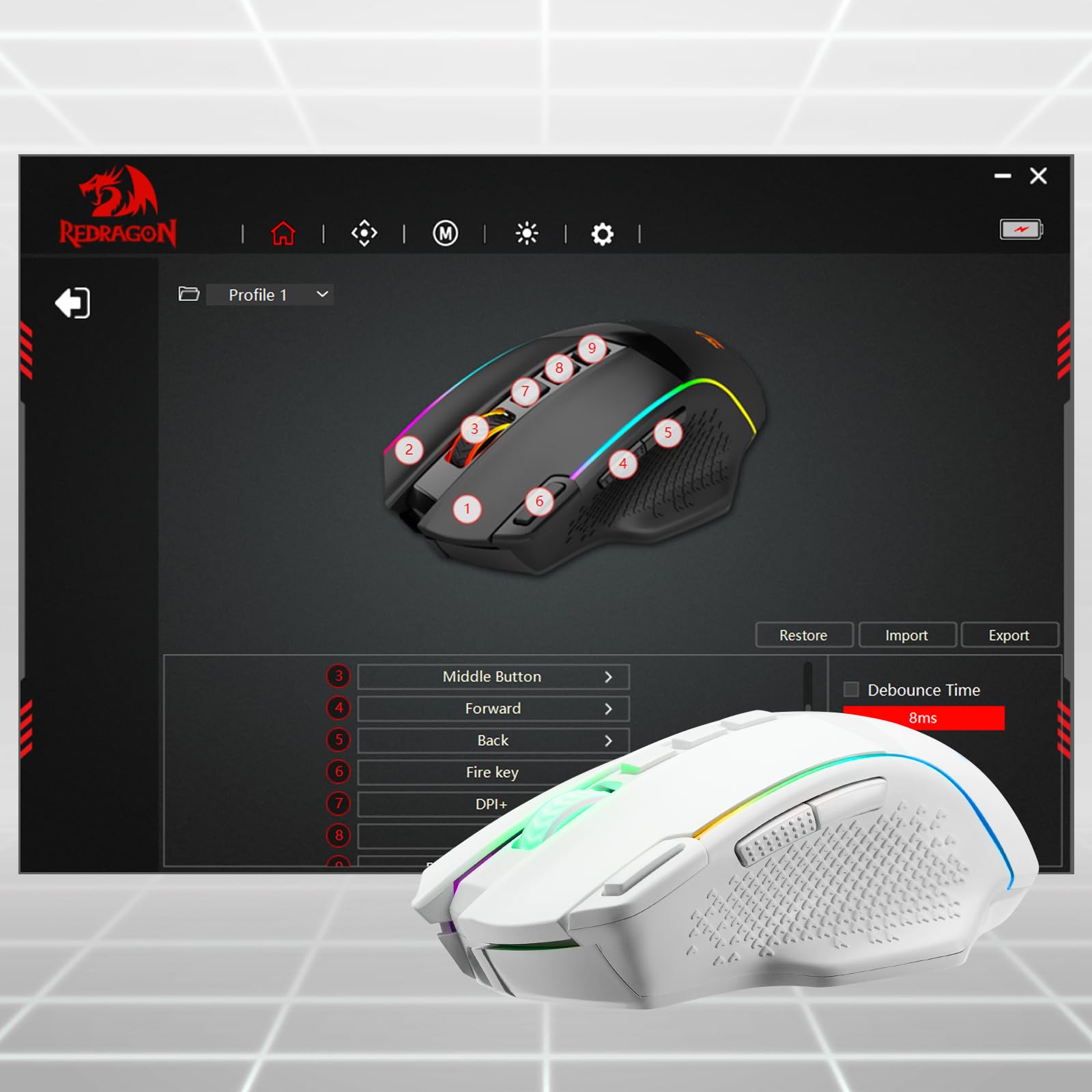 Redragon EU, A gaming mouse with customisable RGB lighting via a software interface, from the Redragon brand.