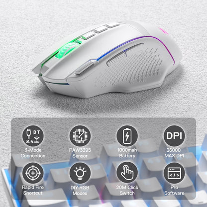 Redragon EU, White gaming mouse with RGB lighting on a grey surface, with the product specifications listed below.