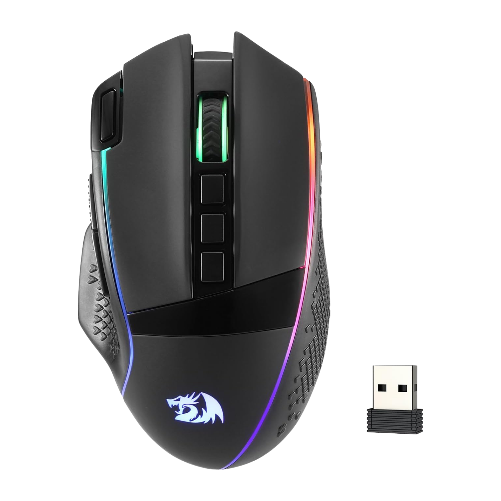 Gaming EU mouse with RGB lighting and wireless receiver on a white background | show