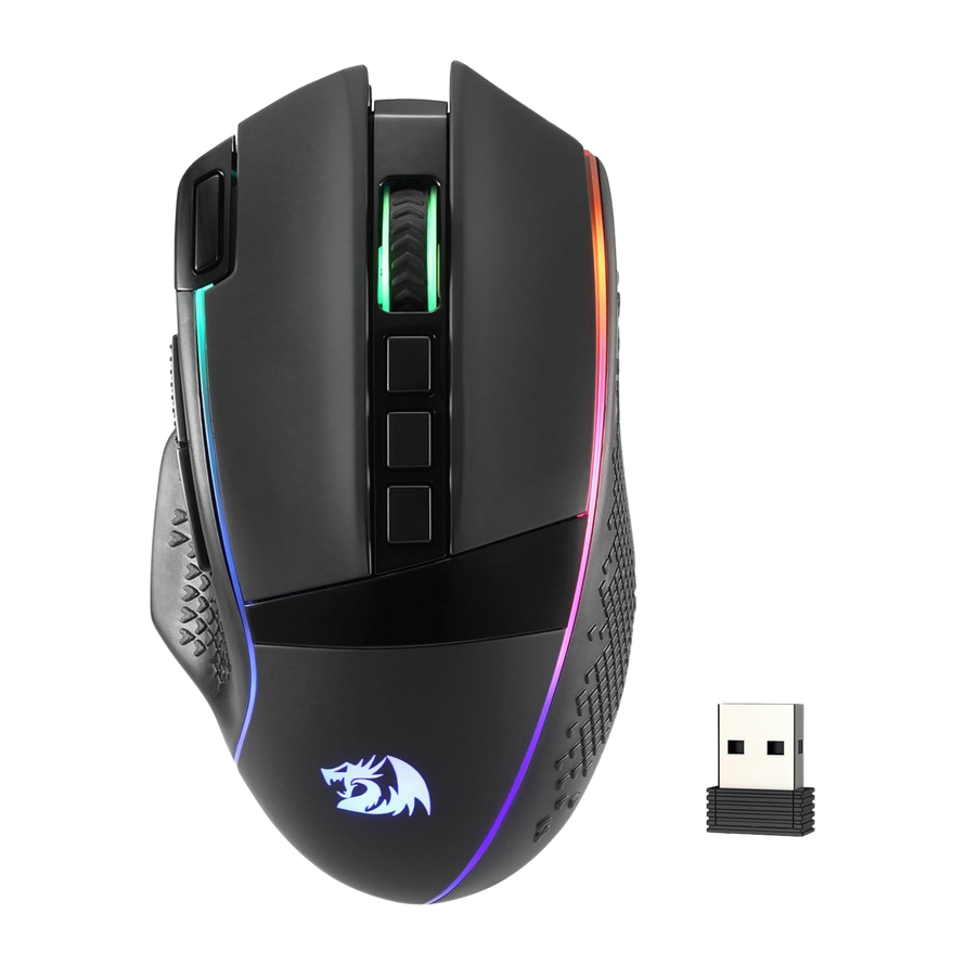 Gaming EU mouse with RGB lighting and wireless receiver on a white background | show