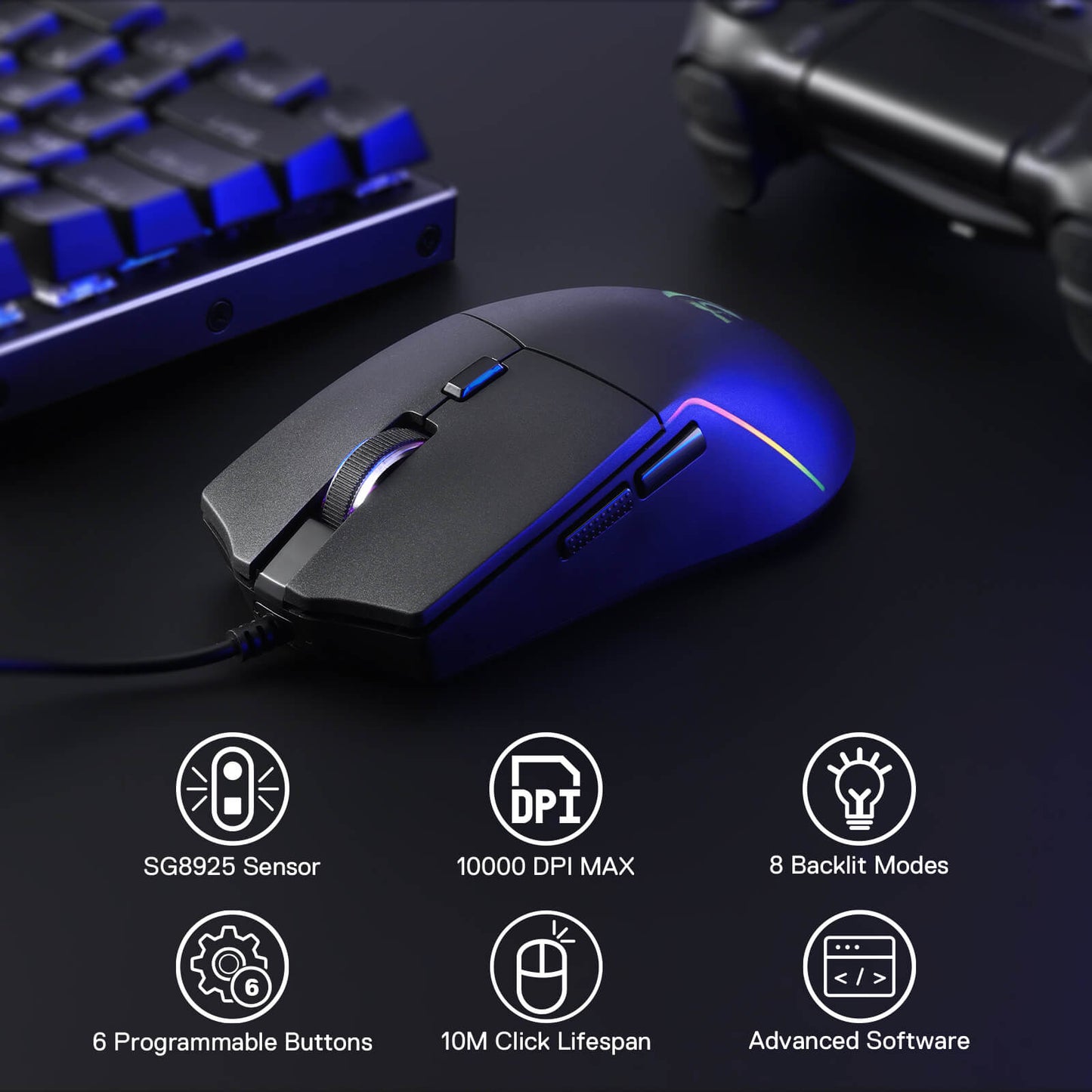 Gaming mouse with blue accents on a dark surface, featuring sensor and feature icons.