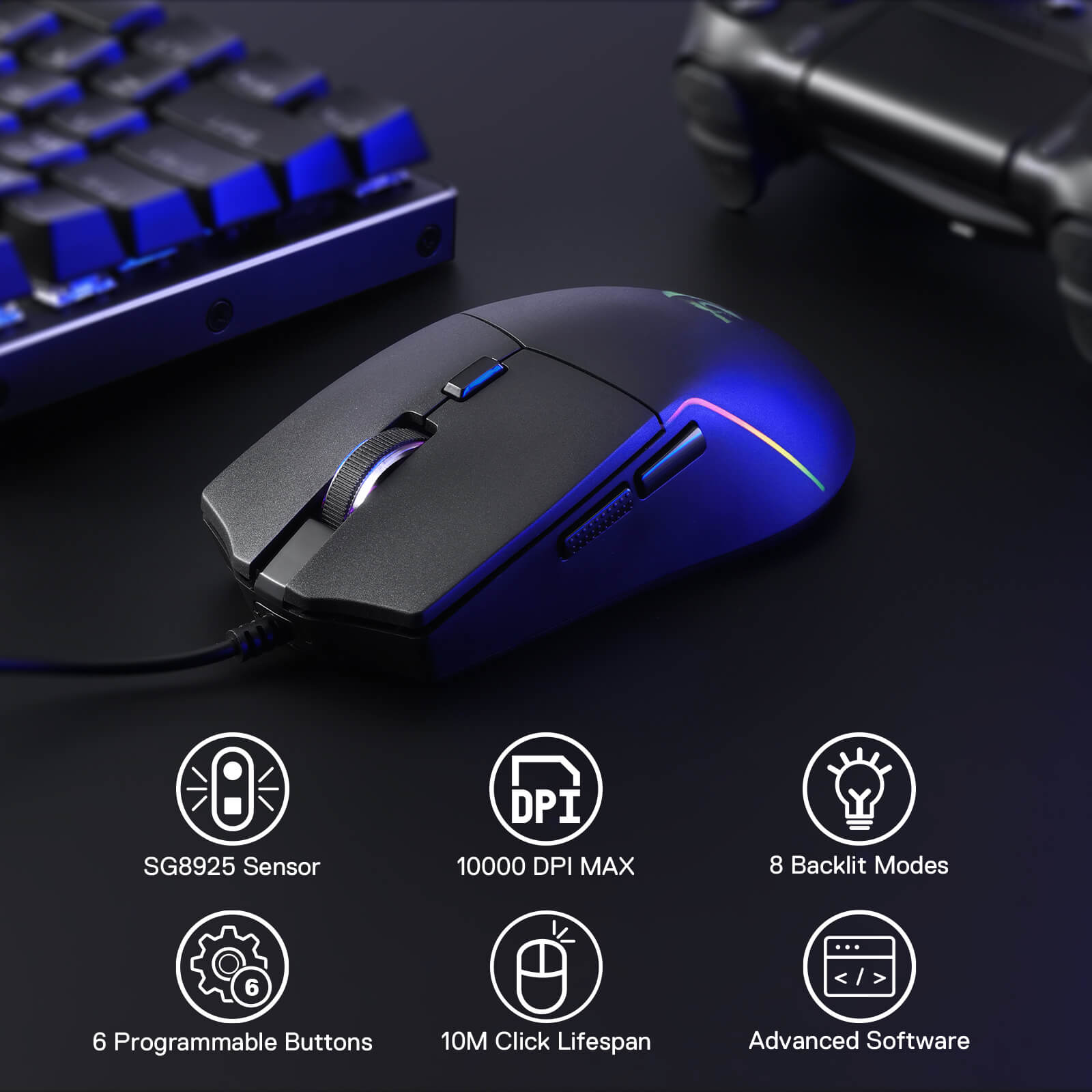 Gaming mouse with blue accents on a dark surface, featuring sensor and feature icons.