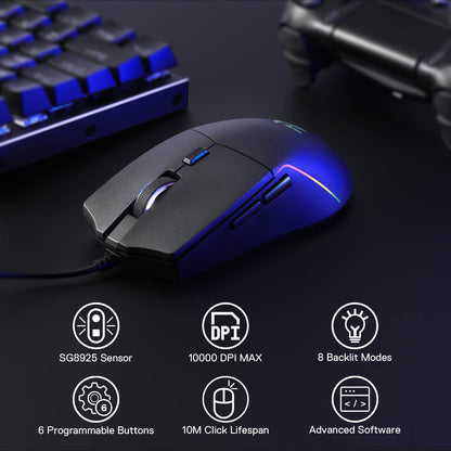 Gaming mouse with blue accents on a dark surface, featuring sensor and feature icons.