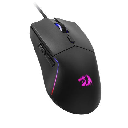 Black gaming mouse with RGB lighting on a white background