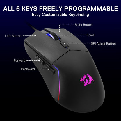 Gaming mouse with labeled buttons and customizable keybinding features on a dark background