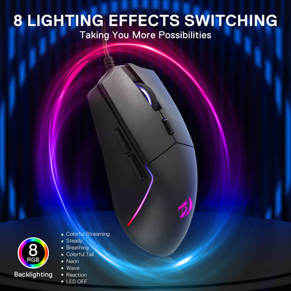 Gaming mouse with RGB lighting effects on a dark background