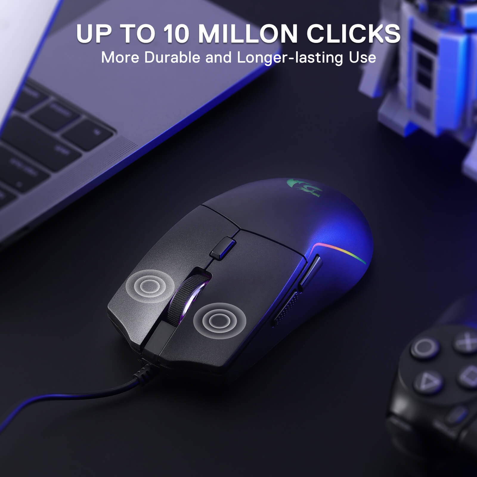 Gaming mouse on a desk with laptop and controller, highlighting durability and lifespan.