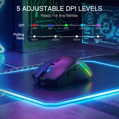 Gaming mouse with RGB lighting on a futuristic background displaying DPI levels.