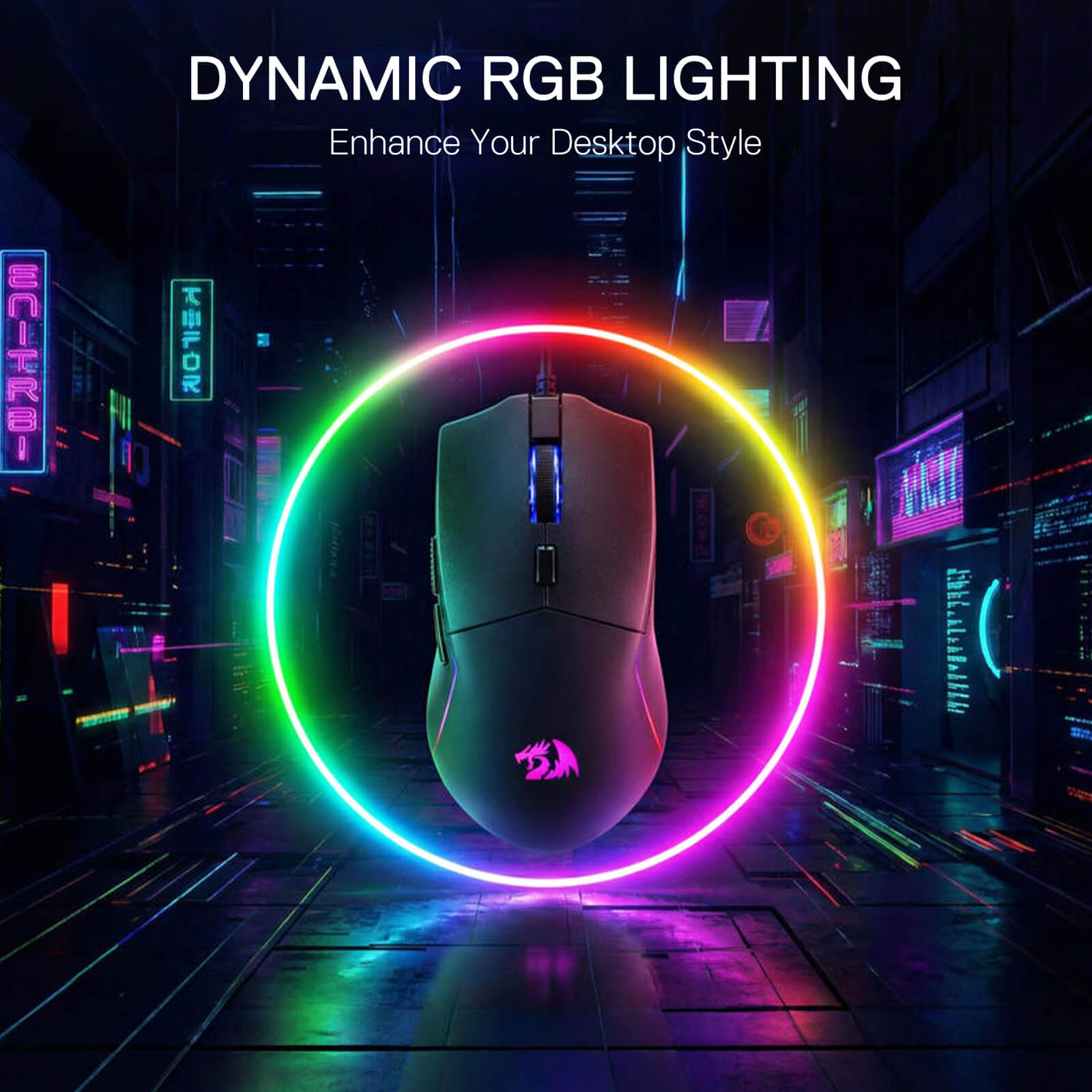Gaming mouse with dynamic RGB lighting in a futuristic setting