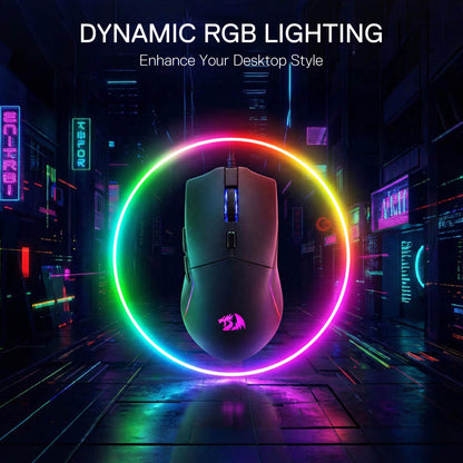 Gaming mouse with dynamic RGB lighting in a futuristic setting