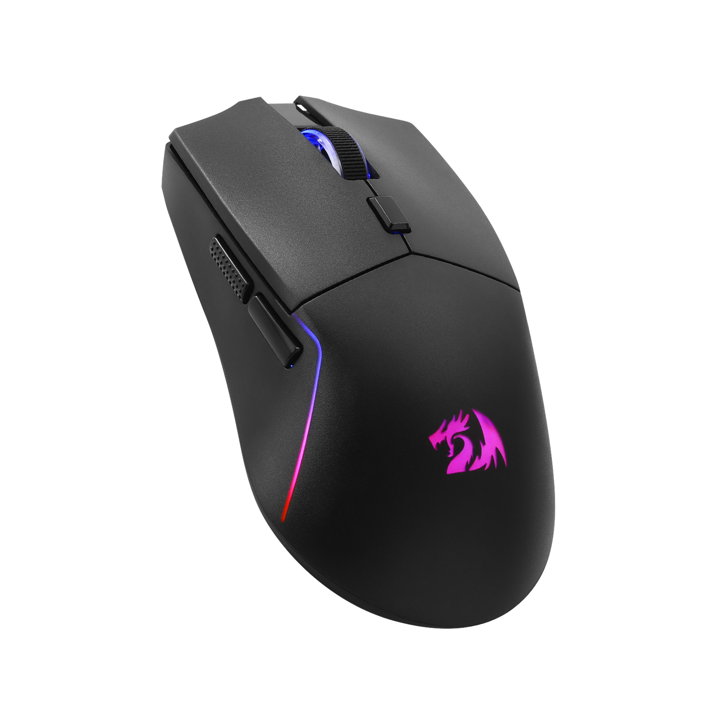 Black gaming mouse with RGB lighting on a white background
