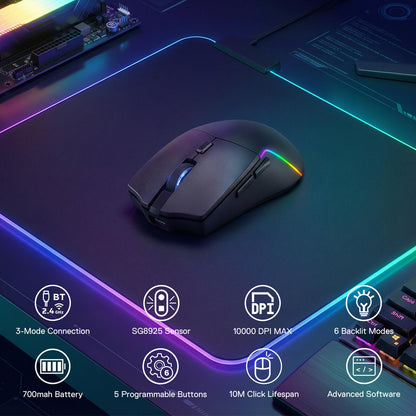 Gaming mouse with RGB lighting on a futuristic interface background