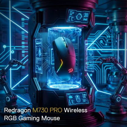 Gaming mouse in a futuristic display with neon lights and the Redragon M730 PRO Wireless RGB Gaming Mouse branding.