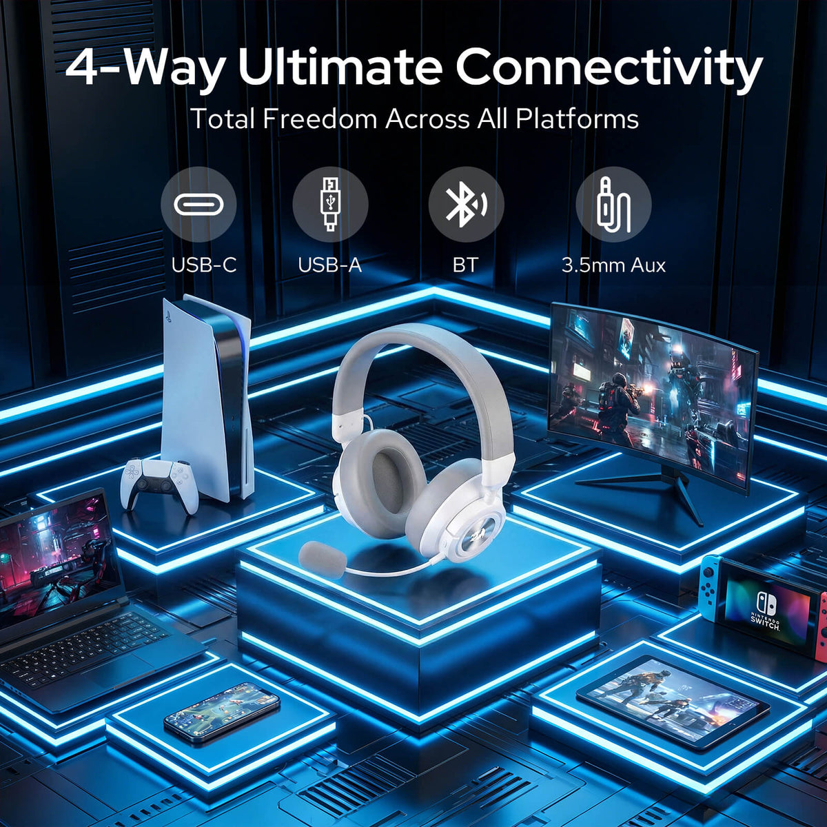 Redragon EU H889 Wireless Gaming Headset, 4 Connection Modes 2.4G/BT/3.5mm/USB, 53mm Drivers, Spatial Audio, 7.1 Surround Sound, Detachable Mic, Compatible with PC/PS5/PS4/NS/Xbox One/Phone 